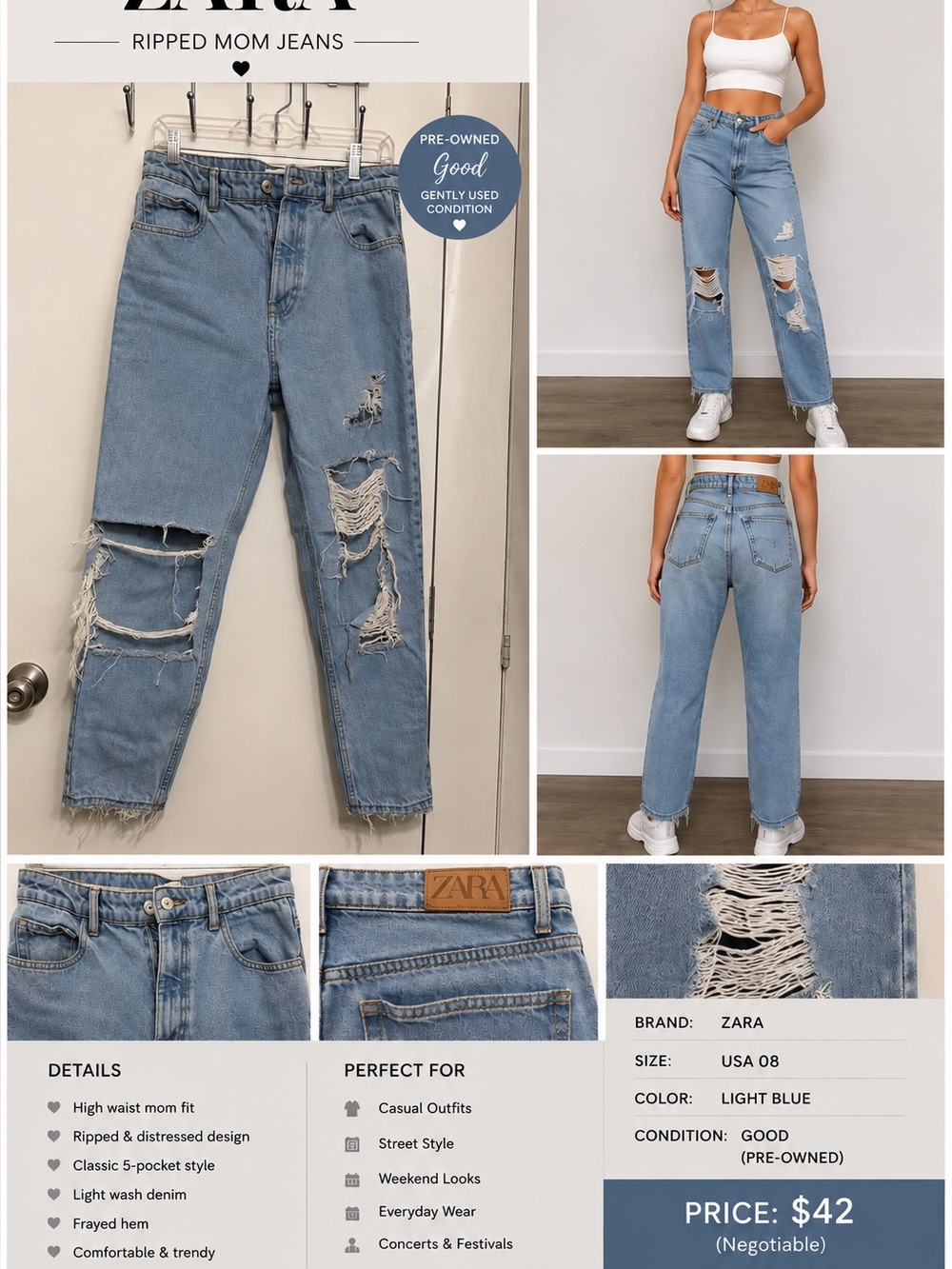 ZARA Light Blue Distressed Ripped Mom Jeans